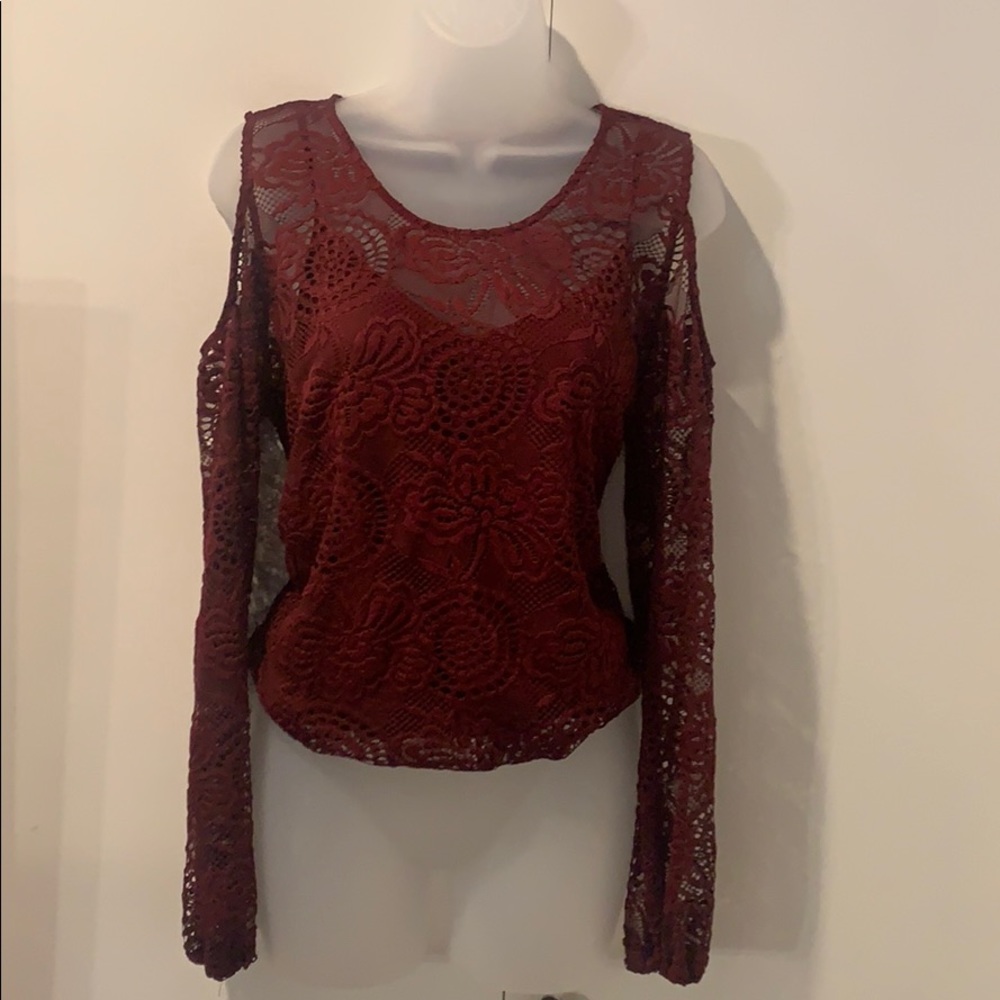 Hollister Maroon Cold Shoulder Lace Top